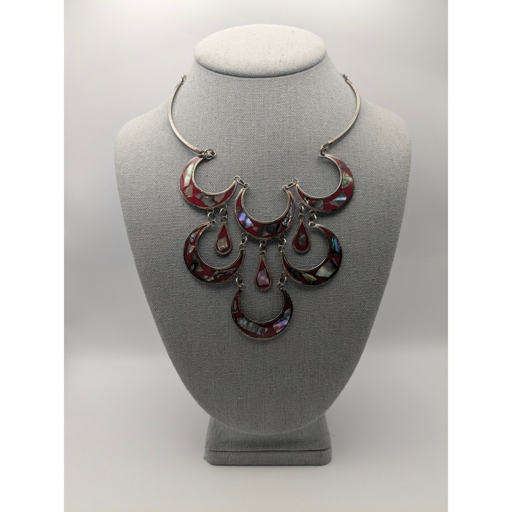Vintage Abalone Shell Red Resin Crescent Moon Statement Collar Necklace Silver